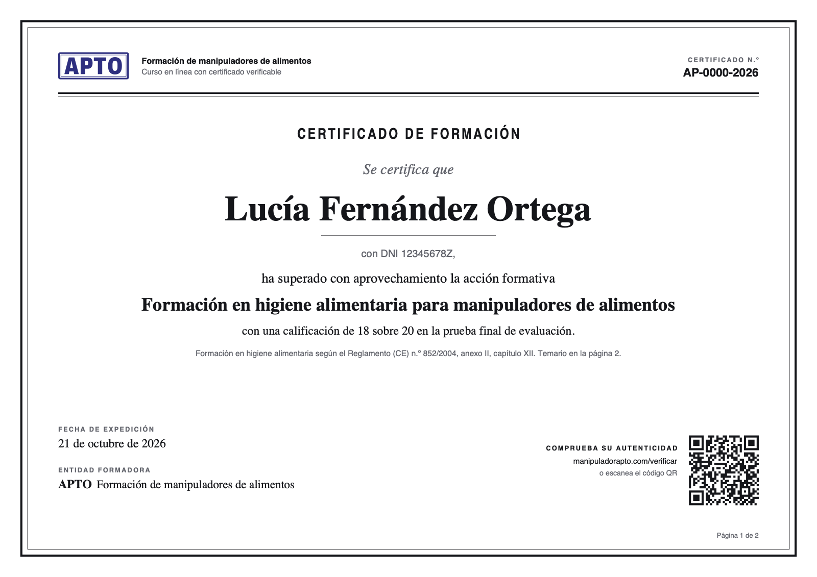 Certificado de ejemplo a nombre de Lucía Fernández Ortega, con DNI, calificación de 18 sobre 20, fecha de expedición, sello APTO y código QR de verificación